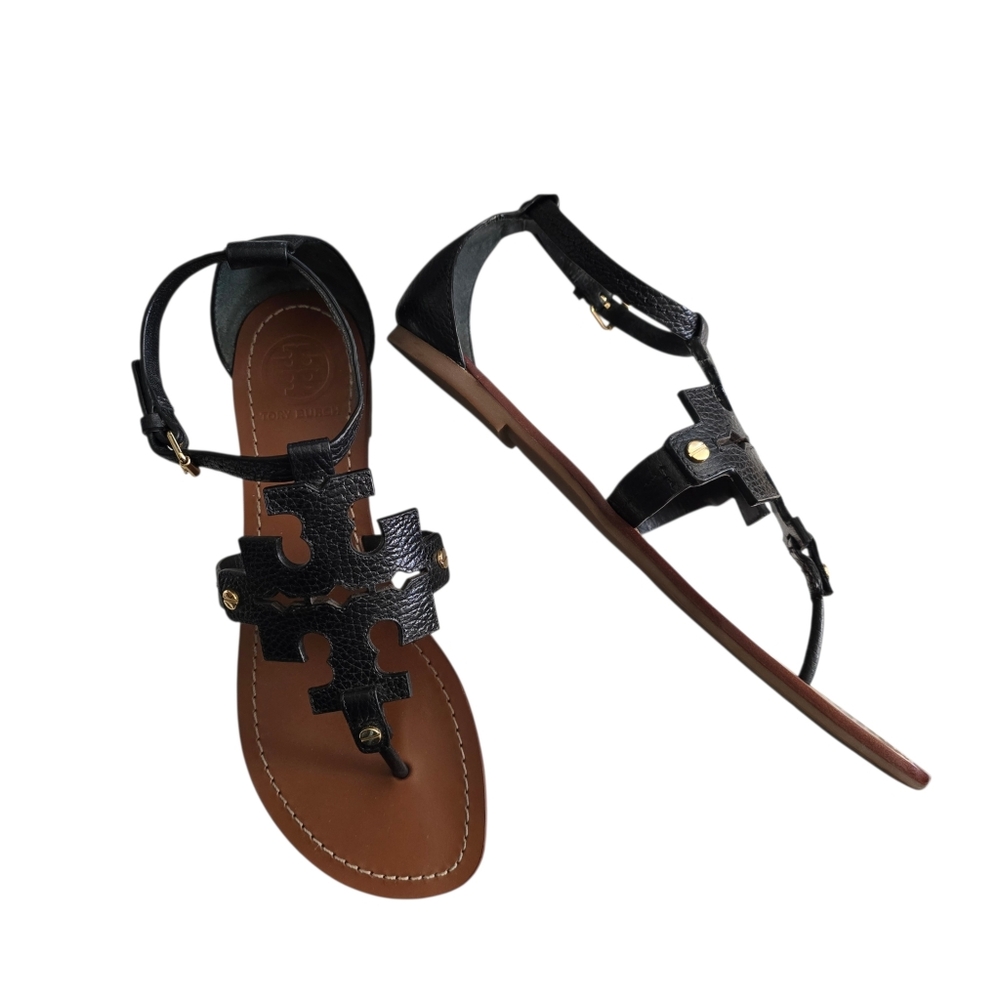 Tory Burch Black Leather T-Strap Sandals – Gold Logo Hardware – Size 8M - Picture 2 of 7